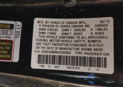 2013 Honda Civic Ex z USA, uszkodzony, nr VIN 2HGFG3B84DH530503